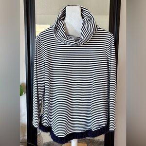 SAIL TO SABLE Navy & White Striped Mock Neck Long Sleeve Shirt With Fringe